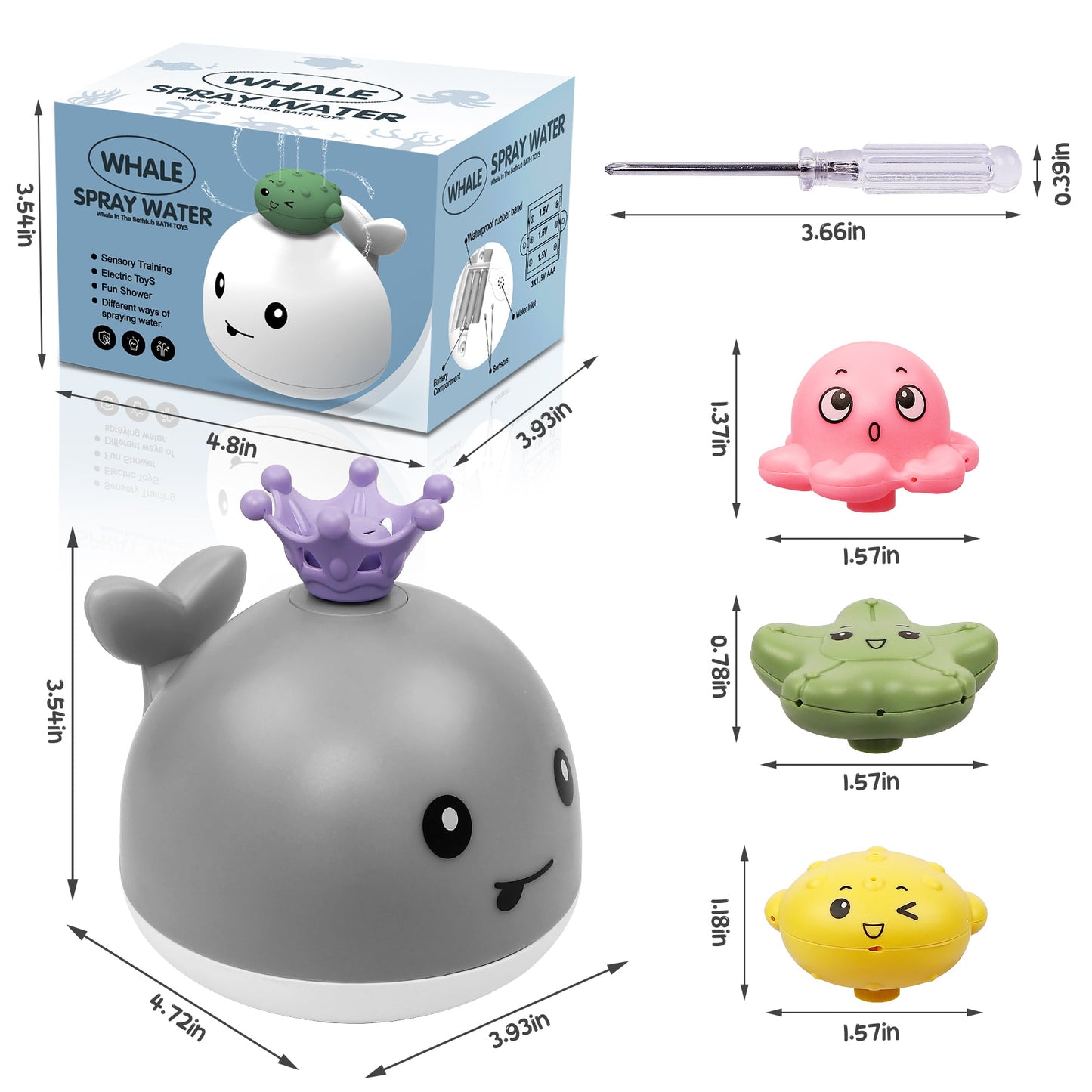 Whale Bath Toys for Kids, 4 Water Spraying Modes Summer Swimming Pool Toys, Light up Sprinkler Bathtub Toys Christmas Birthday Gift for Baby Boys Girls-Gray