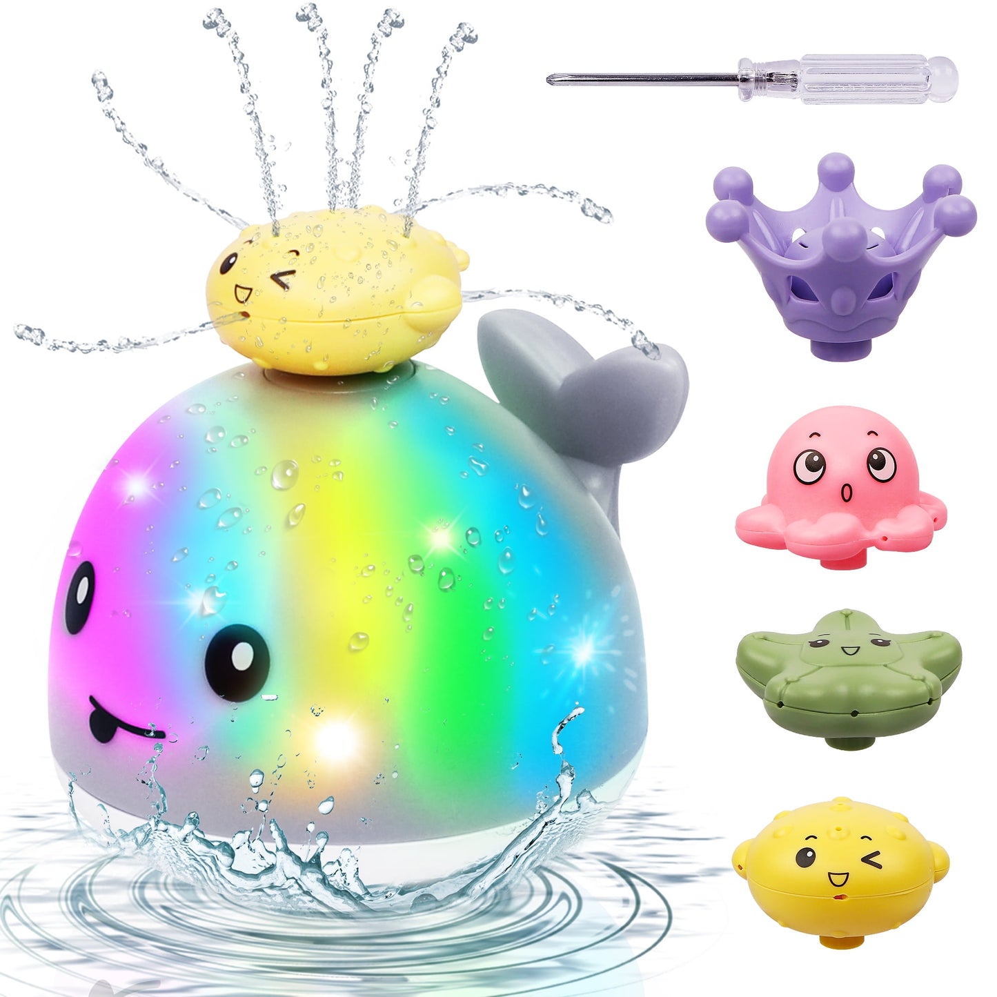 Whale Bath Toys for Kids, 4 Water Spraying Modes Summer Swimming Pool Toys, Light up Sprinkler Bathtub Toys Christmas Birthday Gift for Baby Boys Girls-Gray