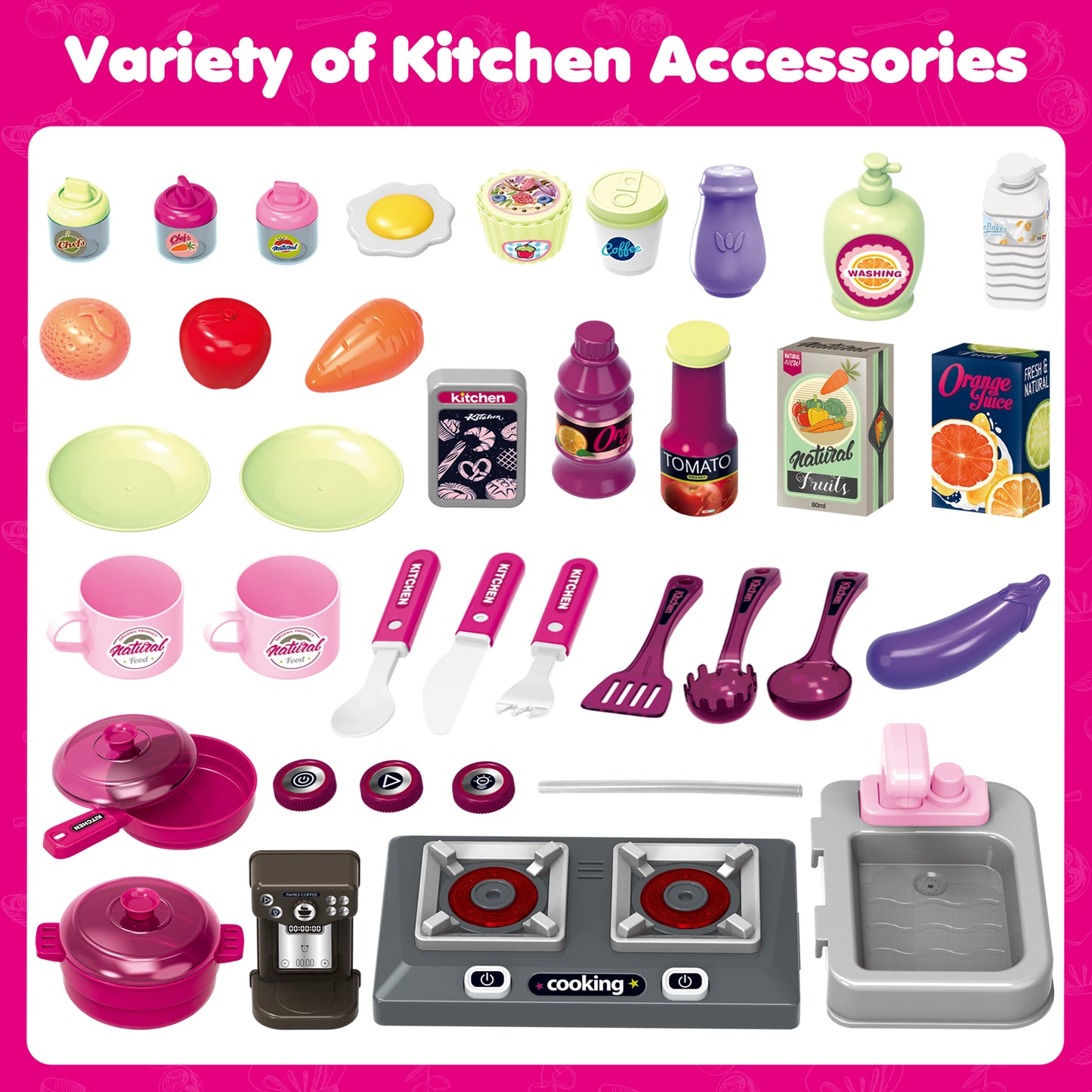 34 inch Play Kitchen Toy Sets for Girls, Cooking Stove, Play Sink, Oven w/ Realistic Lights&Sounds, Birthday Christmas Gift Toys for Toddlers Girls Boys 3 4 5 6+