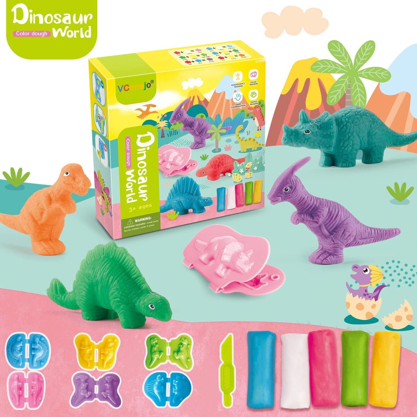 Dinosaur World Color Dough Toys for Kids, Animals Play Dough Set for Toddlers Boys Girls Birthday Christmas Gift Aged 3+