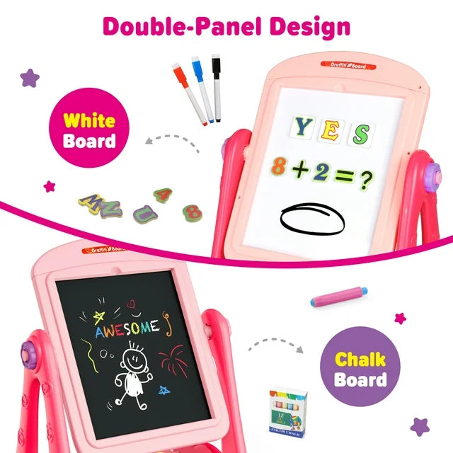Art Easel for Kids Toddlers Girls Ages 3-6 ,Rotatable Drawing Board Standing, Double Sides with Whiteboard & Chalkboard, Birthday Christmas Gifts(Pink).