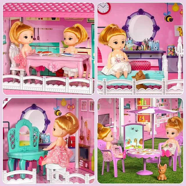 Kids Doll Houses Set for Girls 4-6, Luxurious Dreamhouse Three-Story Villa with Two Dolls, Creative Christmas Gifts for Girls 3 4 5 6 Kids