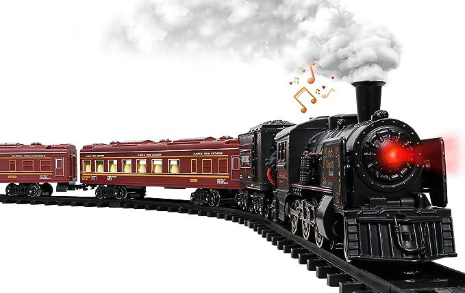 Model Train Set,Metal Alloy Electric Trains w/Steam Locomotive,Passenger Carriages & Tracks,Train Toys w/Smoke,Sounds & Lights,Christmas Toys for 3 4 5 6 7+ Years Old Kids