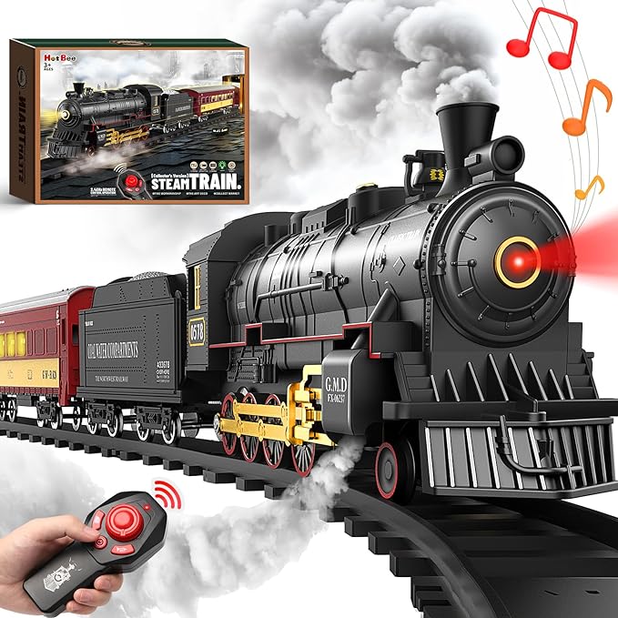 Remote Control Christmas Train Sets w/Steam Locomotive,Light Passenger Cars & Tracks,Trains Toys w/Smoke,Whistle & Lights,Christmas Toys Gifts for 3 4 5 6 7 8+ Year Old Kids