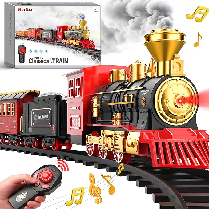 Remote Control Train Toys w/Steam Locomotive, Cargo Cars & Tracks,Toy Trains w/Realistic Smoke,Sounds & Lights,Christmas Train Gifts for 3 4 5 6 7 8+ Year Old Boys