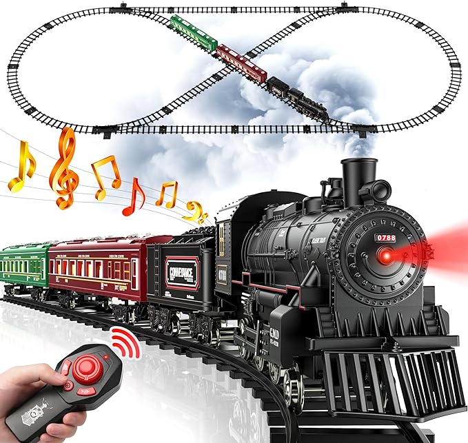 Remote Control Train for Christmas Tree Metal Train Toys w/Luxury Track, Realistic Smoke, Lights & Sounds, Christmas Toys Gifts for 3 4 5 6 7 8+ Year Old kids