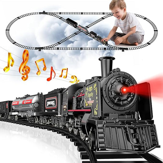 Metal Alloy Electric Train Set for Boys, w/Steam Locomotive, Cargo Cars & Tracks, Sounds & Lights, Christmas Toys Gifts for 3 4 5 6 7 8+ Years Old Kids