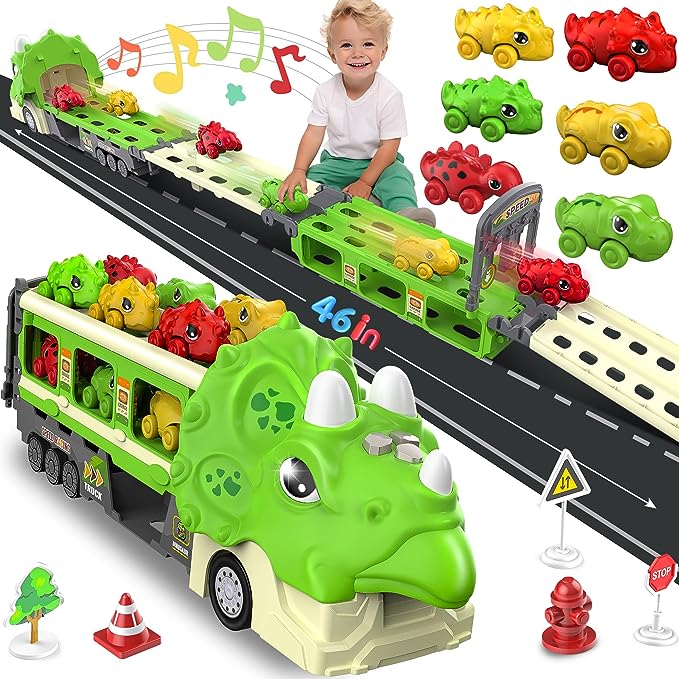 Foldable Ejection Race Track Dinosaur Toy Cars for Toddlers 3-5 5-7 Toy Trucks w/Sound, 6 Dino Cars & 12 Road Signs,Toys for Boys