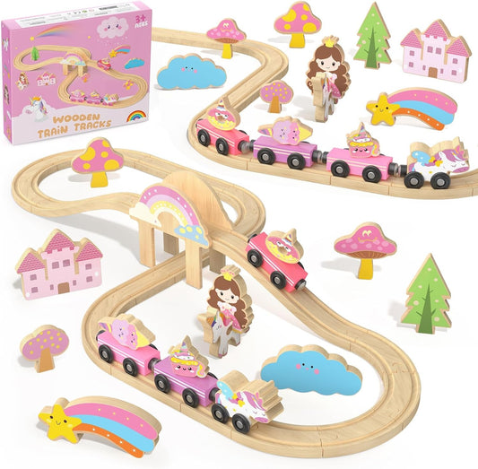 Hot Bee Wooden Train Set, 38-Piece Unicorn Train Set for Toddler Girls 2-4, Pink Wooden Train Track Set with Fairies & Unicorns, Learning Activities Educational Train Toys Birthday Gifts Ages 3 5 6 7