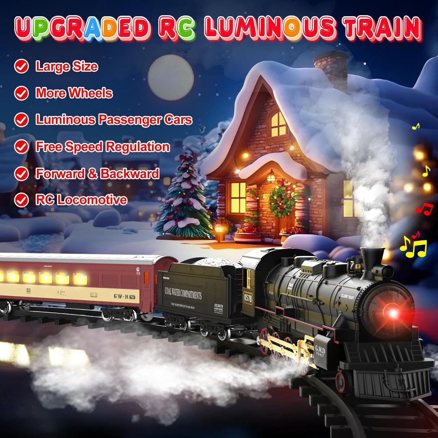 Remote Control Christmas Train Sets w/Steam Locomotive,Light Passenger Cars & Tracks,Trains Toys w/Smoke,Whistle & Lights,Christmas Toys Gifts for 3 4 5 6 7 8+ Year Old Kids