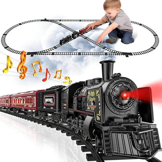 Train Set w/Luxury Tracks, Metal Train Toys - Glowing Passenger Cars & Steam Locomotive, Model Electric Trains w/Smoke, Sounds & Lights, Christmas Train Gifts for 3 4 5 6 7+ Years Old Kids