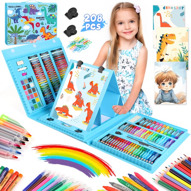 208 PCS Dinosaur Art Set for Kids, Double-Sided Drawing Board with Crayons, Paints, Colored Pencils, Perfect Birthday & Christmas Art Gift for Boys Girls 3-6 7-11 12+