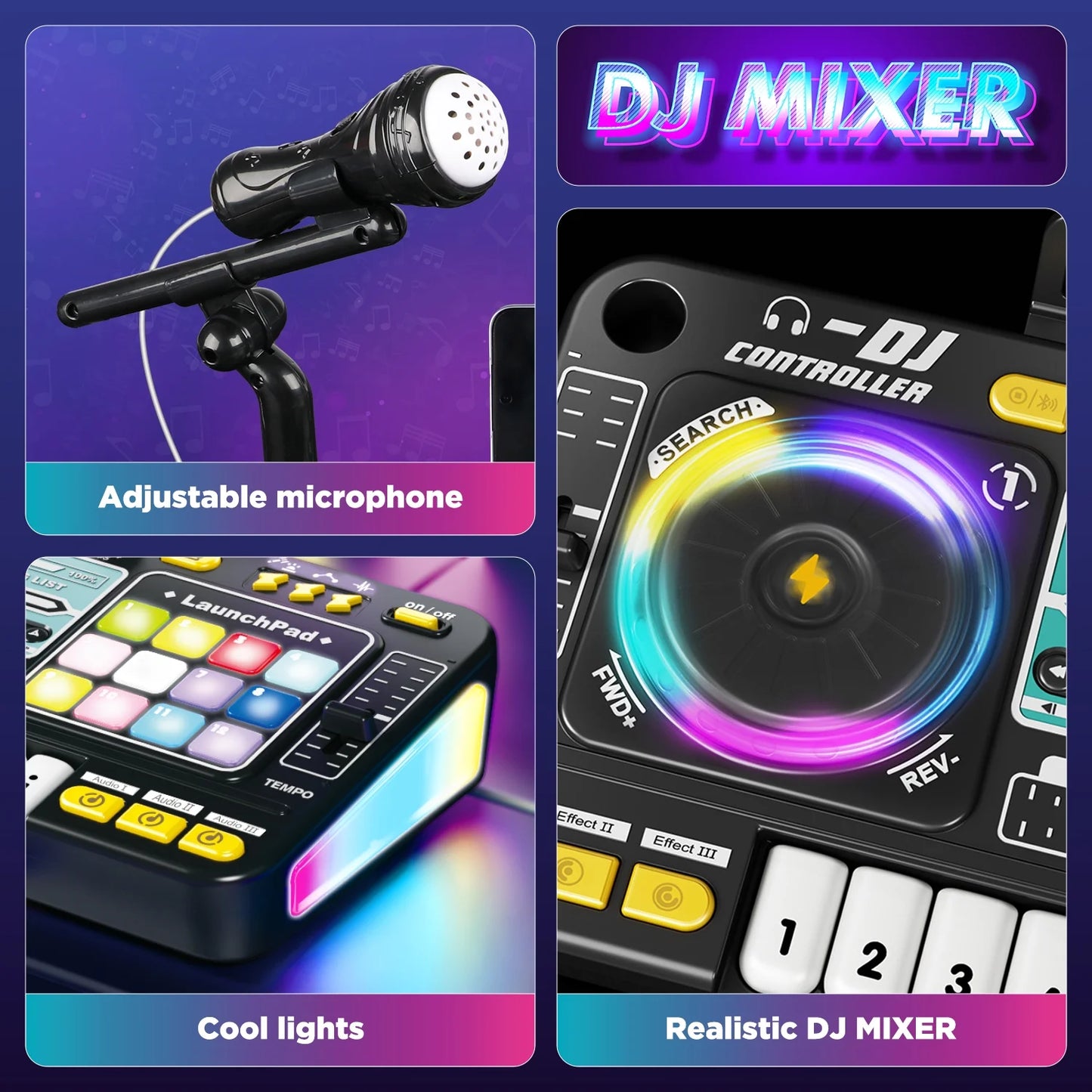 DJ Mixer for Kids with Microphone&Bluetooth, Light up DJ turntable with 12 MIDI, DJ Mixing Controller for Beginners, Musical Instruments Toys Birthday Christmas Gift for Boys&Girls 5 6 7+