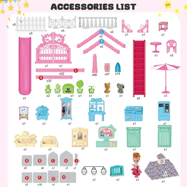 275PCS Dollhouse Kit for Girls with 11 Room Furniture,DIY Building Toys for Girls, Pink Princess Castle Playhouse for Girls Kids Ages 3 4 5 6 7 8, Assemble Required.
