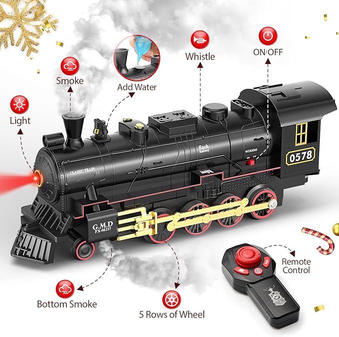 Remote Control Christmas Train Sets w/Steam Locomotive,Light Passenger Cars & Tracks,Trains Toys w/Smoke,Whistle & Lights,Christmas Toys Gifts for 3 4 5 6 7 8+ Year Old Kids