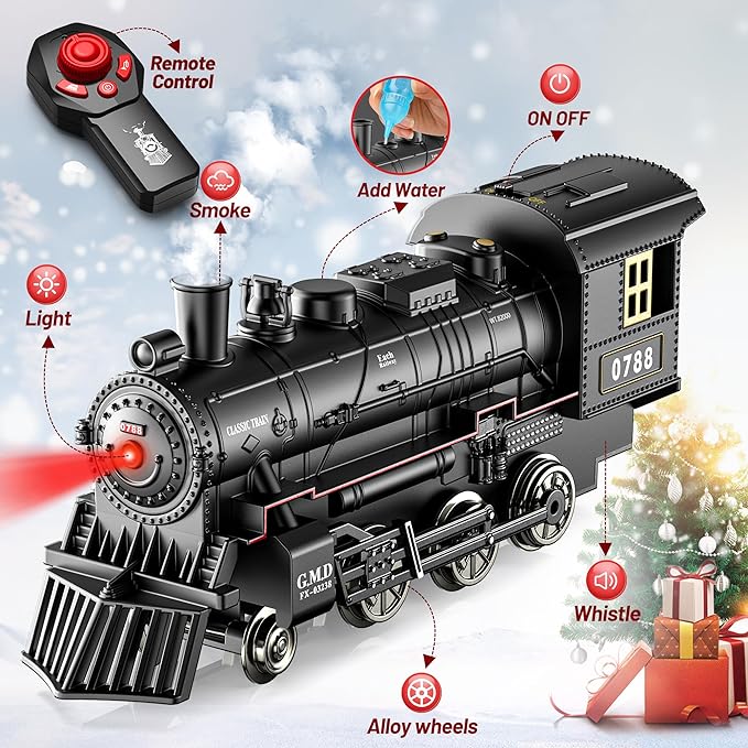 Remote Control Train for Christmas Tree Metal Train Toys w/Luxury Track, Realistic Smoke, Lights & Sounds, Christmas Toys Gifts for 3 4 5 6 7 8+ Year Old kids