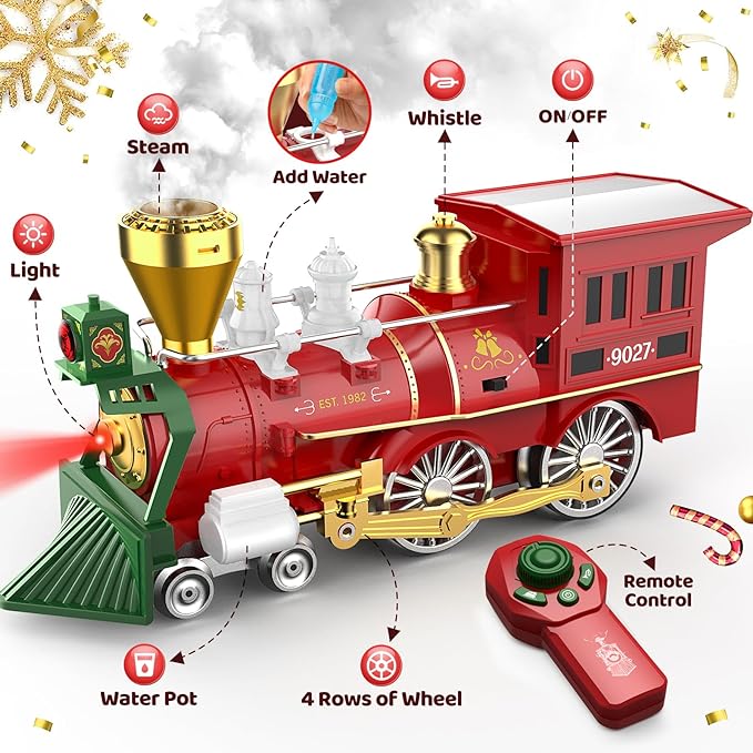 Christmas Remote Control Train for kids,Toys w/Realistic Smoke Locomotive, Lights & Sounds, Christmas Toys Gifts for 3 4 5 6 7 8+ Year Old Boys