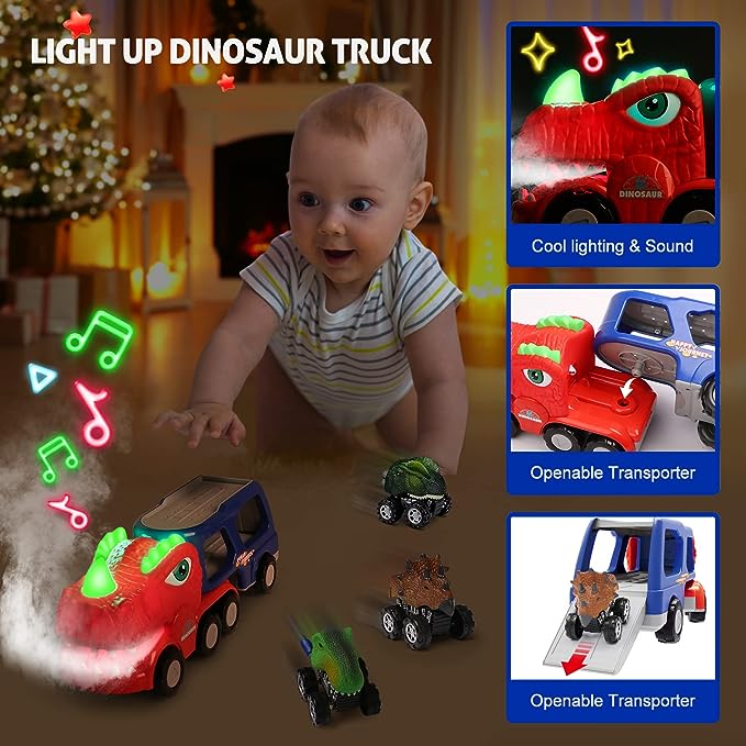 Dinosaur Toddler Car Toys for 1-4 Year Old Toddlers, Dinosaur Transport Truck with Music Spray Light-up and 3 Pull Back Dino Cars for Kids Toys