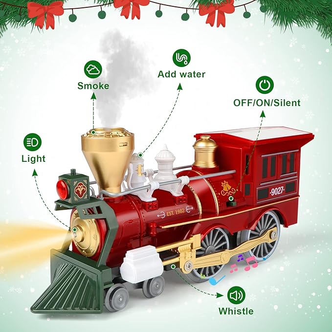 Christmas Train Toys w/Realistic Smoke, Lights & Sounds, Toy Train w/Steam Locomotive, Tracks & Cards, Christmas Toys Gifts for 3 4 5 6 7 8+ Year Old Boys Girls