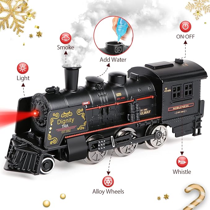 Metal Alloy Electric Train Set for Boys, w/Steam Locomotive, Cargo Cars & Tracks, Sounds & Lights, Christmas Toys Gifts for 3 4 5 6 7 8+ Years Old Kids