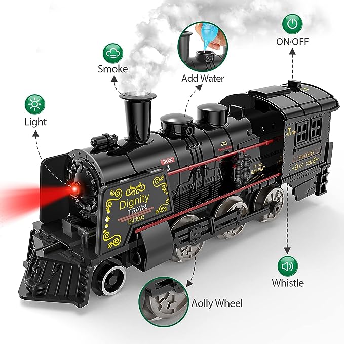Model Train Set,Metal Alloy Electric Trains w/Steam Locomotive,Passenger Carriages & Tracks,Train Toys w/Smoke,Sounds & Lights,Christmas Toys Gifts for 3 4 5 6 7+ Years Old Kids