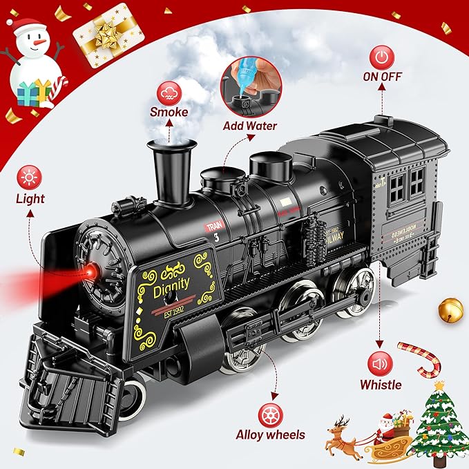 Train Set w/Luxury Tracks, Metal Train Toys - Glowing Passenger Cars & Steam Locomotive, Model Electric Trains w/Smoke, Sounds & Lights, Christmas Train Gifts for 3 4 5 6 7+ Years Old Kids