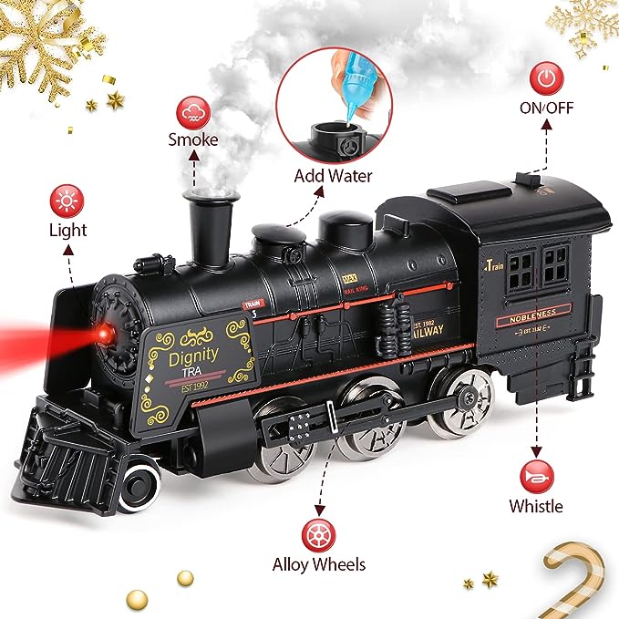 Model Alloy Electric Train Set for Kids With Oil Tank Train,Cargo Cars & Tracks,Train Toys w/Smoke,Sounds & Lights