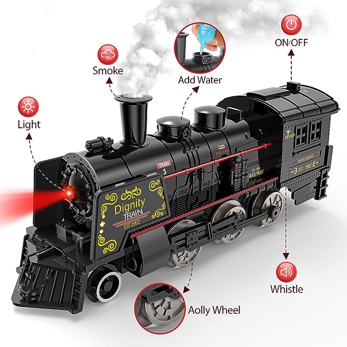 Model Train Set,Metal Alloy Electric Trains w/Steam Locomotive,Passenger Carriages & Tracks,Train Toys w/Smoke,Sounds & Lights,Christmas Toys for 3 4 5 6 7+ Years Old Kids