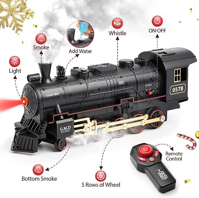 Remote Control Train Set Toys w/Steam Locomotive, Cargo Cars & Tracks,Trains w/Realistic Smoke,Sounds & Lights,Christmas Train Toys for 3-7+ Years Old Kids