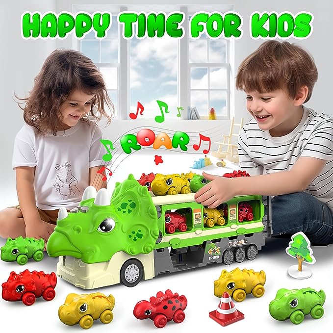 Foldable Ejection Race Track Dinosaur Toy Cars for Toddlers 3-5 5-7 Toy Trucks w/Sound, 6 Dino Cars & 12 Road Signs,Toys for Boys