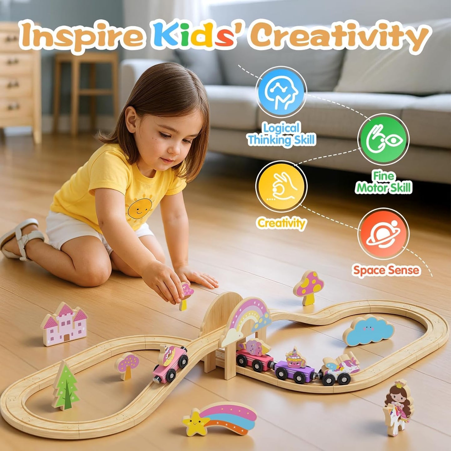 Hot Bee Wooden Train Set, 38-Piece Unicorn Train Set for Toddler Girls 2-4, Pink Wooden Train Track Set with Fairies & Unicorns, Learning Activities Educational Train Toys Birthday Gifts Ages 3 5 6 7