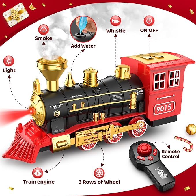 Remote Control Train Toys w/Steam Locomotive, Cargo Cars & Tracks,Toy Trains w/Realistic Smoke,Sounds & Lights,Christmas Train Gifts for 3 4 5 6 7 8+ Year Old Boys