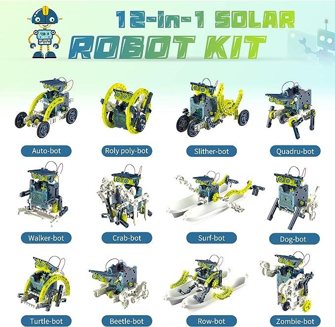 STEM Solar Robot Kit 12-in-1 for Kids Ages 8-12, Learning Educational Science Kits, 190 Pieces DIY Robot Kit Building Toys