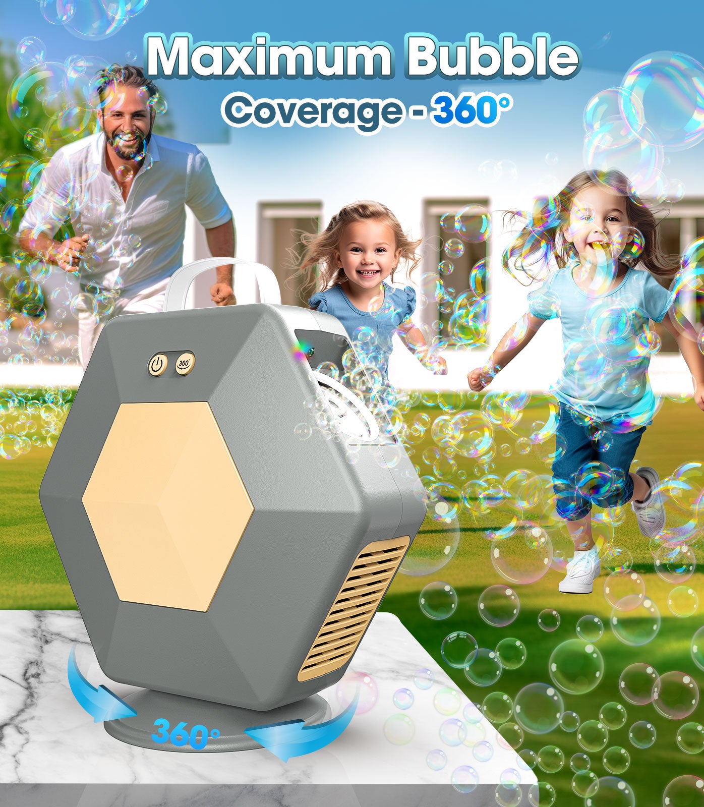 Bubble Machine Blower, Automatic 360° Bubble Blower 16000+/min Bubble Maker Toy for Kids Outdoor/Indoor Party Gift