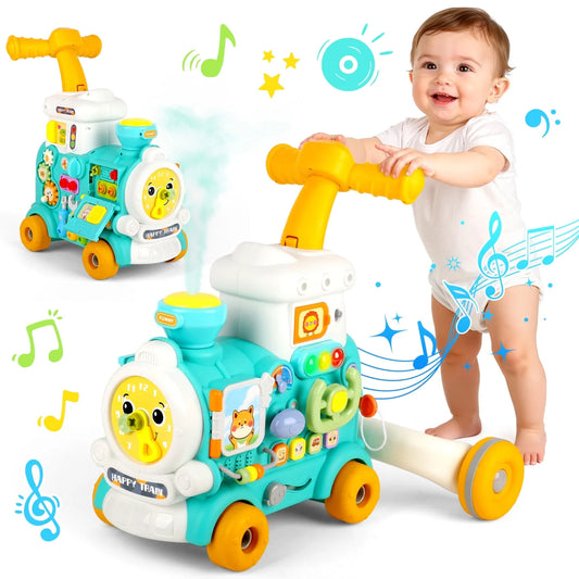 3-in-1 Baby Push Walker & Learning Activity Center, Sit-to-Stand Toddler Walking Toy with Music, Lights & Steam Spray, Educational Push Toy Gift for Boys & Girls 6–18 Months