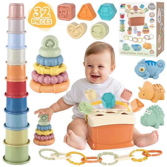 5-in-1 Montessori Baby Stacking & Sorting Toys Set for 6-36 Months – Cups, Soft Rings, Linking Shapes, Building Blocks & Silicone Dino Figures with Storage Box – Educational Fine Motor Skills
