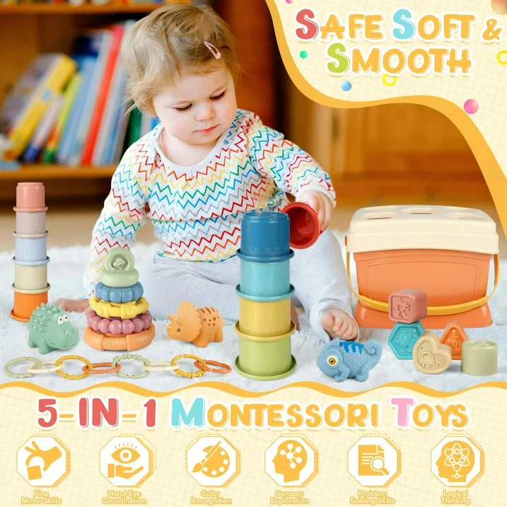5-in-1 Montessori Baby Stacking & Sorting Toys Set for 6-36 Months – Cups, Soft Rings, Linking Shapes, Building Blocks & Silicone Dino Figures with Storage Box – Educational Fine Motor Skills