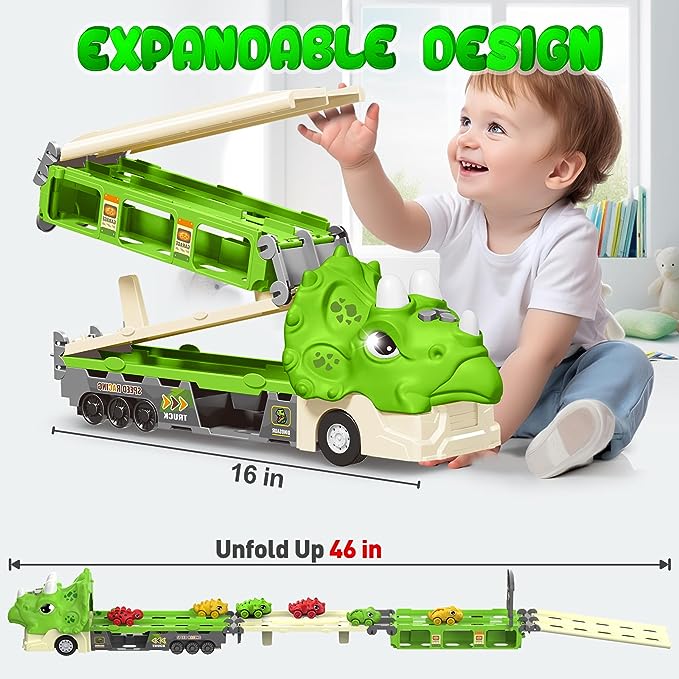 Foldable Ejection Race Track Dinosaur Toy Cars for Toddlers 3-5 5-7 Toy Trucks w/Sound, 6 Dino Cars & 12 Road Signs,Toys for Boys