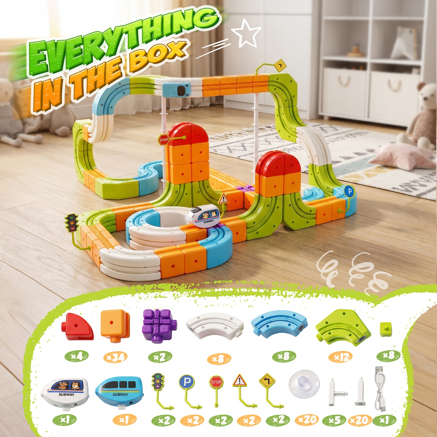 Hot Bee Electric Train Set for Kids, 134pcs Gravity-Defying Race Track 丨 3D STEM Toy Train Track for Kids, Building Train Toys for Toddlers, Birthday Gifts for 3 4 5 6 7 8+ Year Old Boys Girls