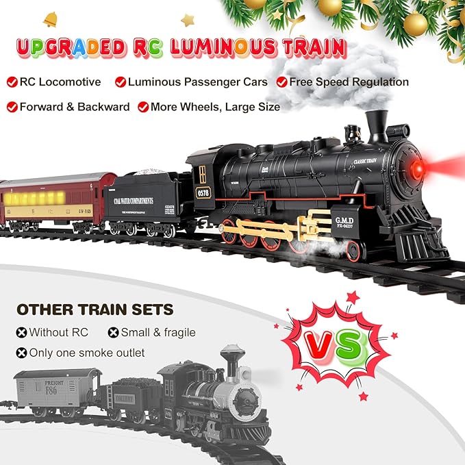 Remote Control Christmas Train Sets w/Steam Locomotive,Light Passenger Cars & Tracks,Trains Toys w/Smoke,Whistle & Lights,Christmas Toys Gifts for 3 4 5 6 7 8+ Year Old Kids