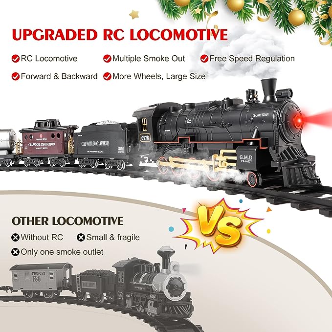 Remote Control Train Set Toys w/Steam Locomotive, Cargo Cars & Tracks,Trains w/Realistic Smoke,Sounds & Lights,Christmas Train Toys for 3-7+ Years Old Kids