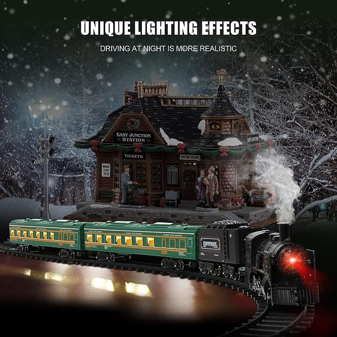 Model Train Set,Metal Alloy Electric Trains w/Steam Locomotive,Passenger Carriages & Tracks,Train Toys w/Smoke,Sounds & Lights,Christmas Toys Gifts for 3 4 5 6 7+ Years Old Kids