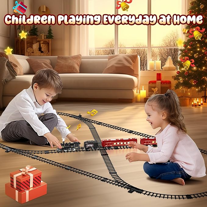 Train Set w/Luxury Tracks, Metal Train Toys - Glowing Passenger Cars & Steam Locomotive, Model Electric Trains w/Smoke, Sounds & Lights, Christmas Train Gifts for 3 4 5 6 7+ Years Old Kids