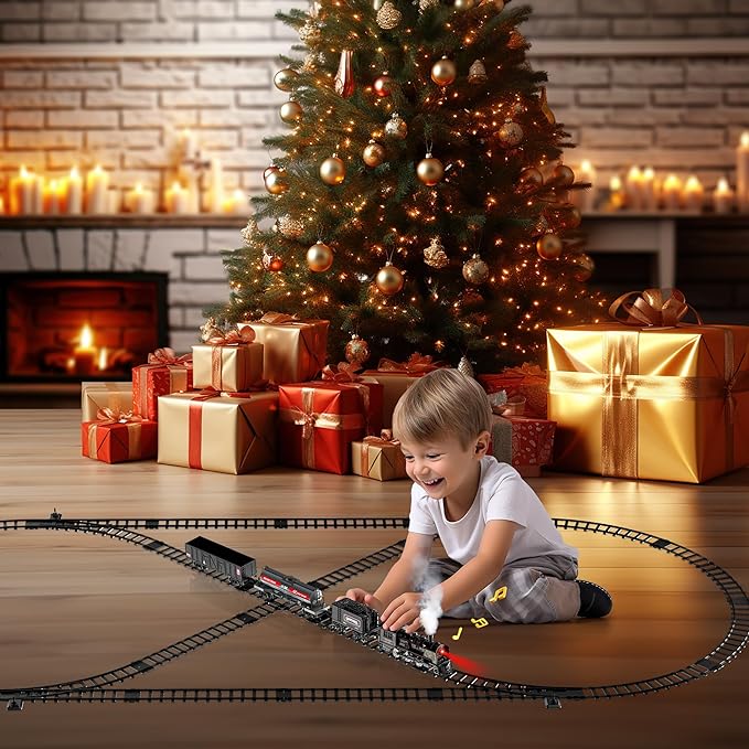 Metal Alloy Electric Train Set for Boys, w/Steam Locomotive, Cargo Cars & Tracks, Sounds & Lights, Christmas Toys Gifts for 3 4 5 6 7 8+ Years Old Kids