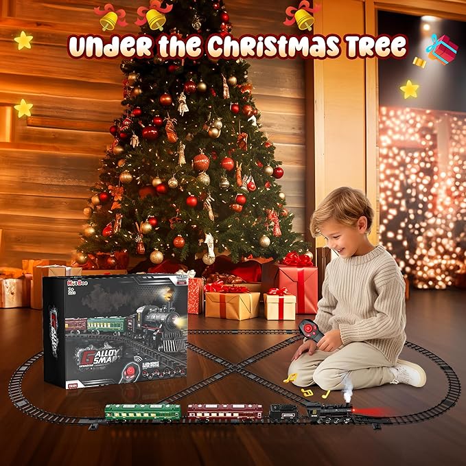 Remote Control Train for Christmas Tree Metal Train Toys w/Luxury Track, Realistic Smoke, Lights & Sounds, Christmas Toys Gifts for 3 4 5 6 7 8+ Year Old kids