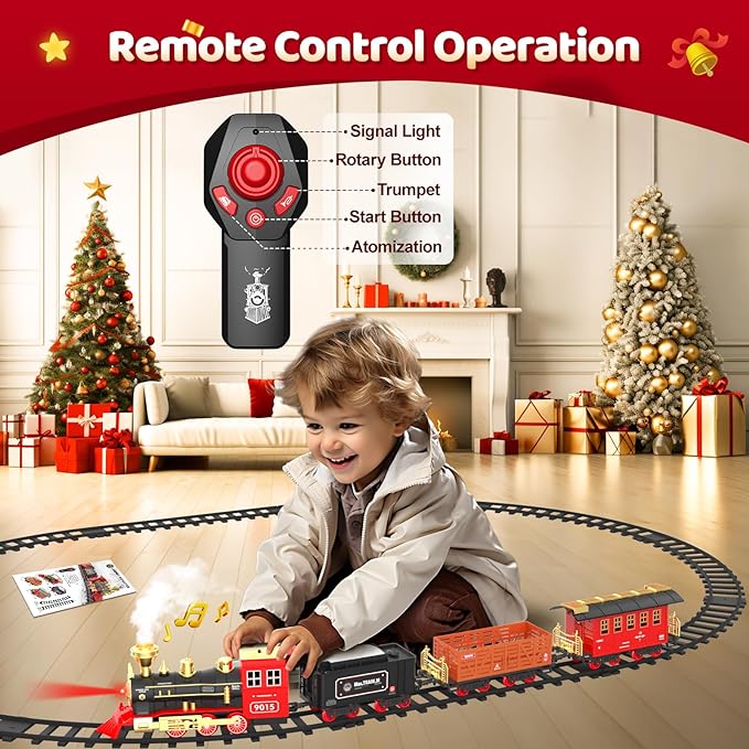 Remote Control Train Toys w/Steam Locomotive, Cargo Cars & Tracks,Toy Trains w/Realistic Smoke,Sounds & Lights,Christmas Train Gifts for 3 4 5 6 7 8+ Year Old Boys