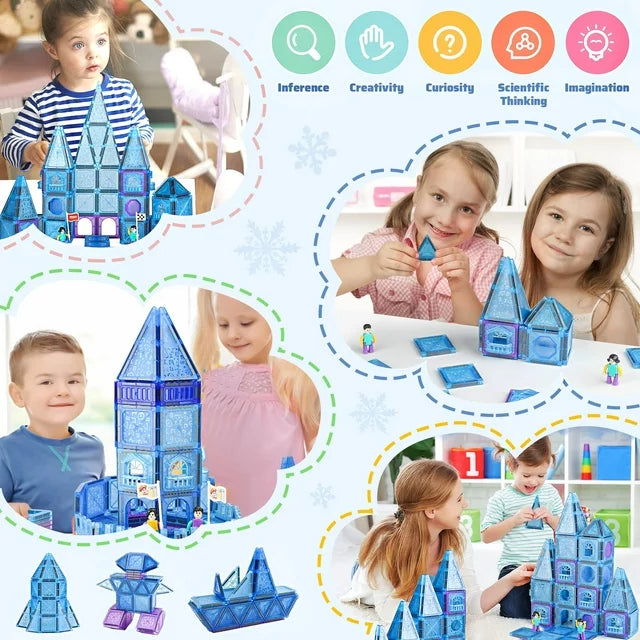 Frozen Magnetic Tiles 128 Pcs for Kids, Princess Castle Toys 3D Building Blocks with 4 Dolls, Educational STEM Learning Toys Christmas Gifts for Girls Boys 3-6 6-8
