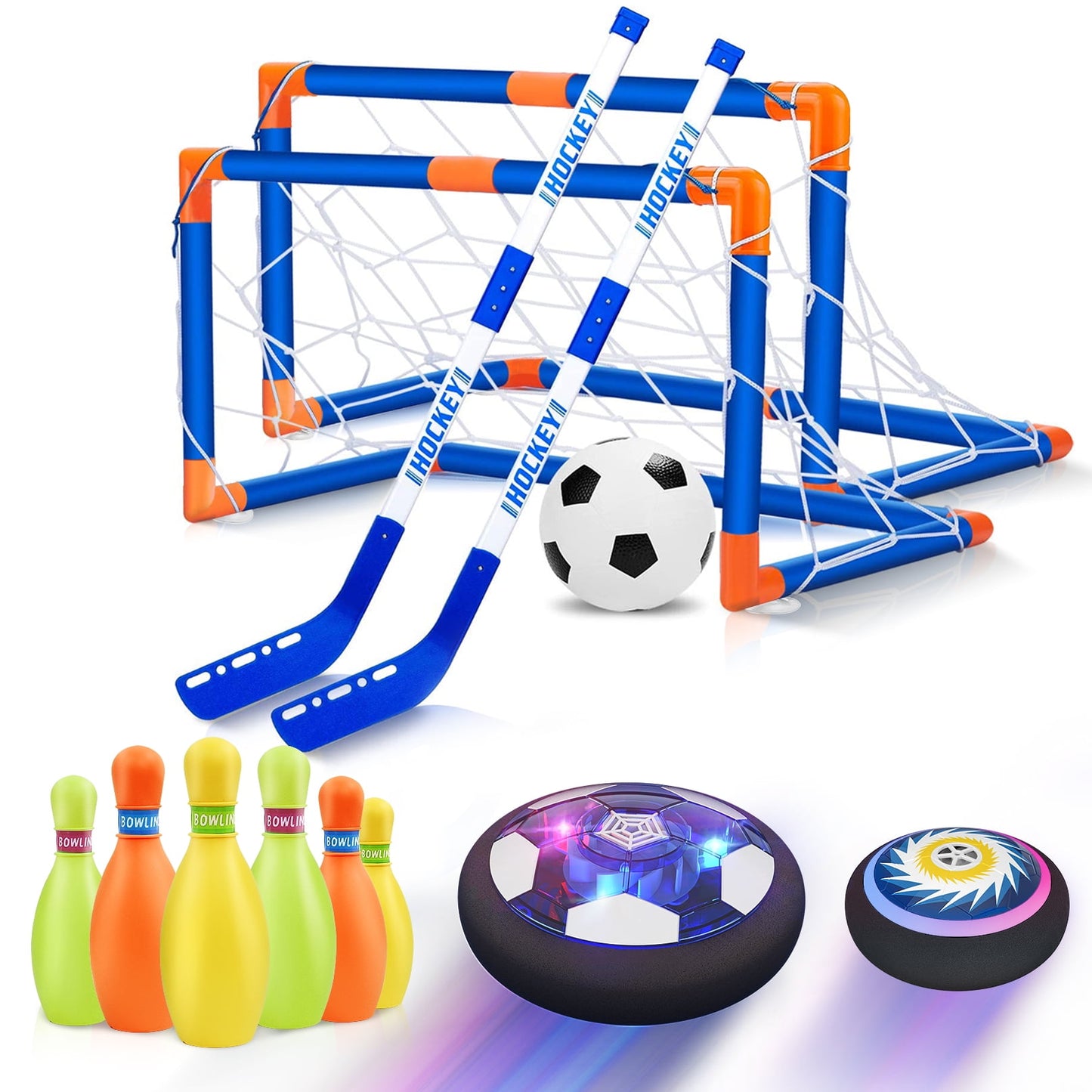 Hover Soccer Ball Set with 2 Goals, 3-in-1 LED Soccer Hockey Bowling Set Indoor/Outdoor Toys Gifts for Kids Boys Girls Ages 3+