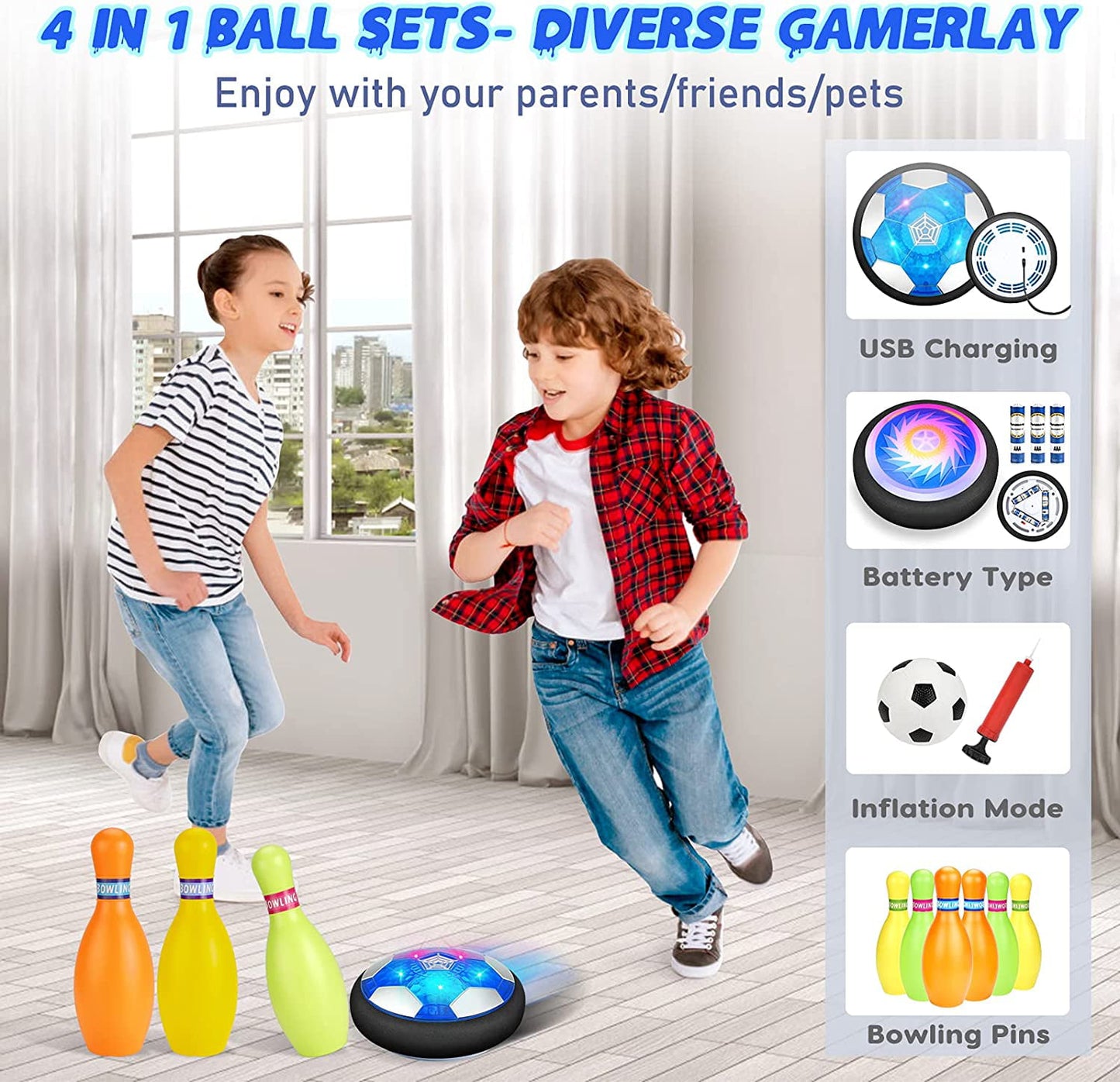 Hover Soccer Ball Set with 2 Goals, 3-in-1 LED Soccer Hockey Bowling Set Indoor/Outdoor Toys Gifts for Kids Boys Girls Ages 3+