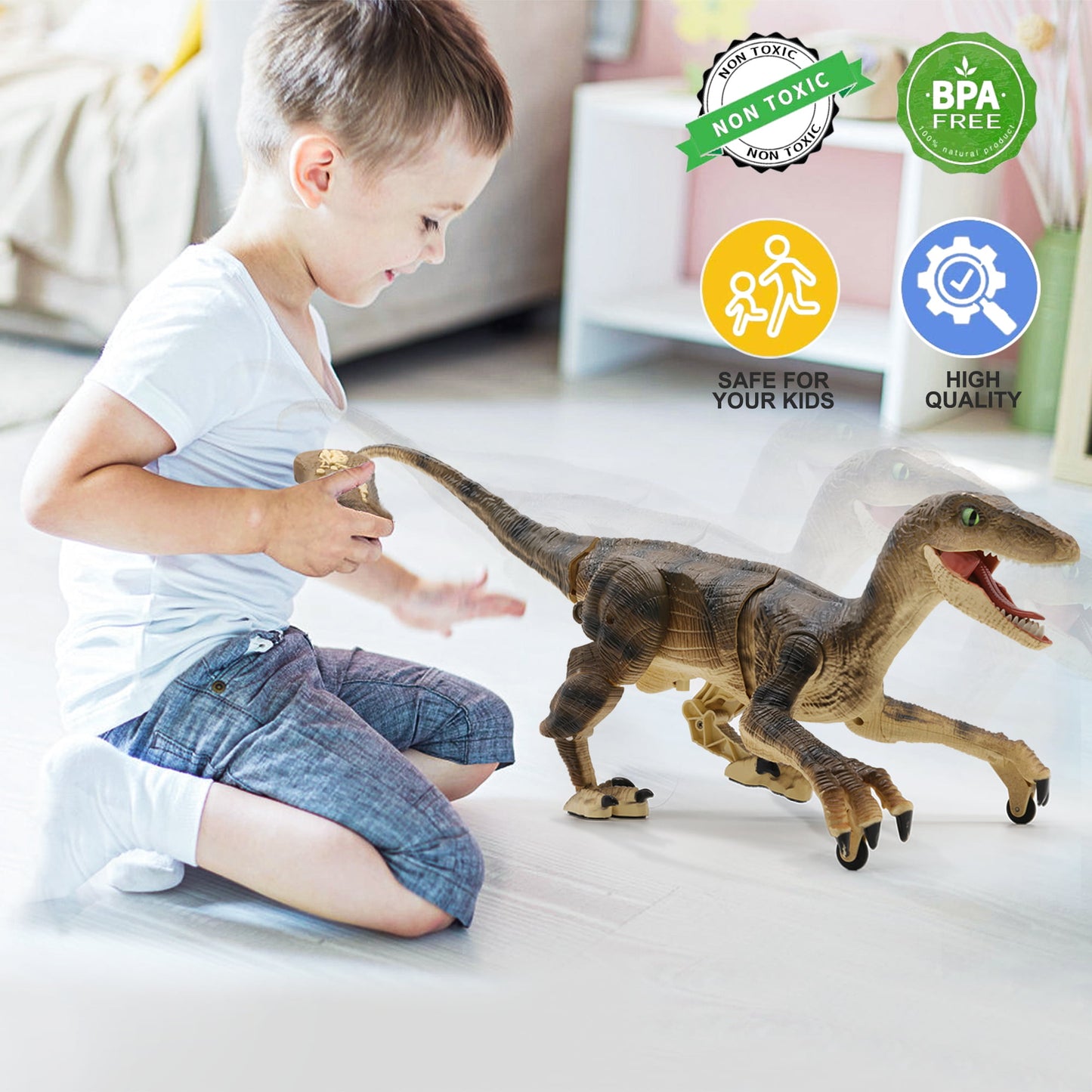 Remote Control Dinosaur Toys, Jurassic Roaring Sound Walking Velociraptor RC Toys for Kids 4+ Boys